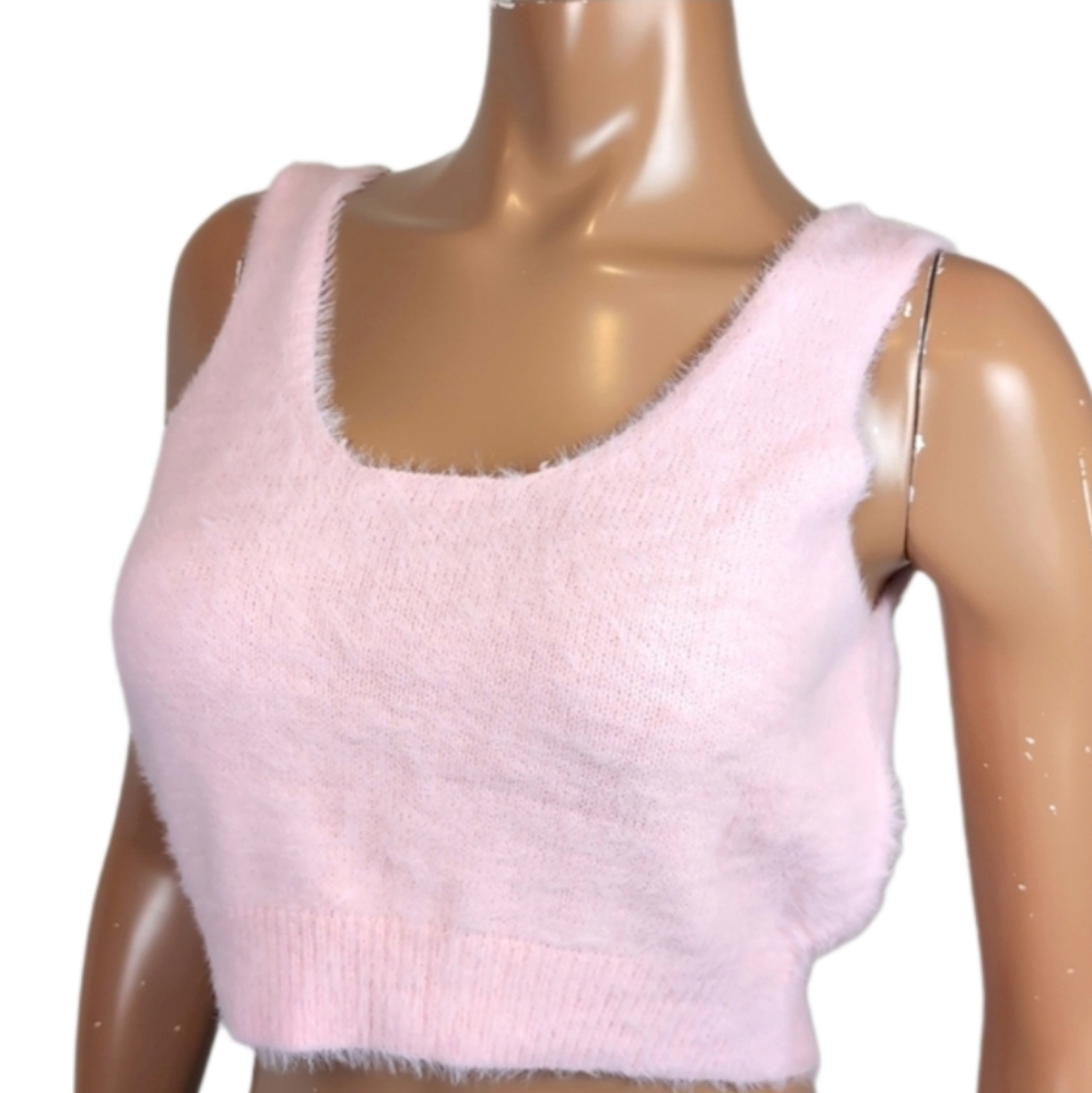 Pieces Soft Pink Fuzzy Knit Crop Top Sleeveless Tank Faux Fur Barbie ASOS